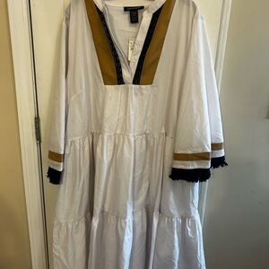 Ashley Stewart White Blouse with Navy Lace & Mustard Panels